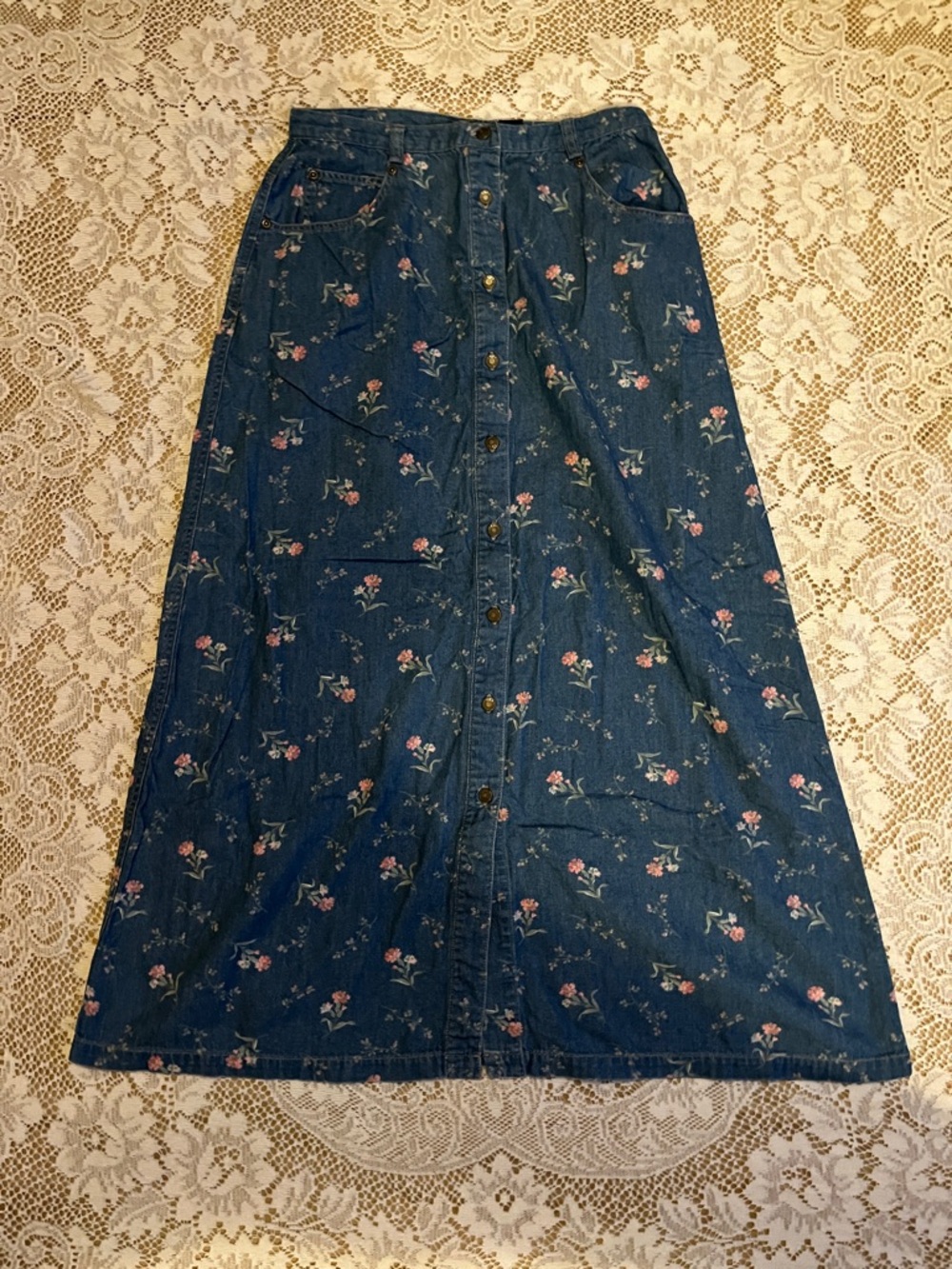 Crazy Horse Lightweight Denim Midi Skirt,  Pink & Green Floral, Size 8